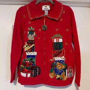 Tiara International Red Holiday Festive Cottage Cabin Core Zip Cardigan M